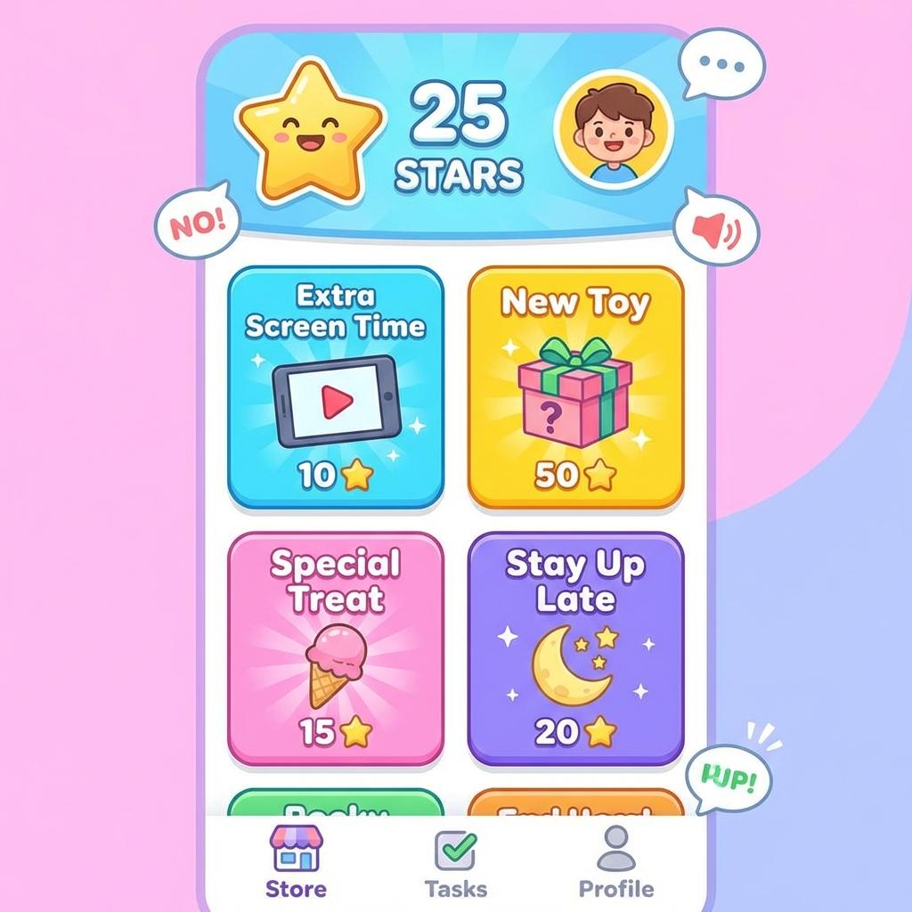 Screenshot of the Star Habit child-friendly dashboard showing stars earned and available rewards