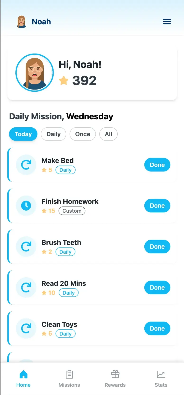 Screenshot of Star Habit app showing child's mission dashboard