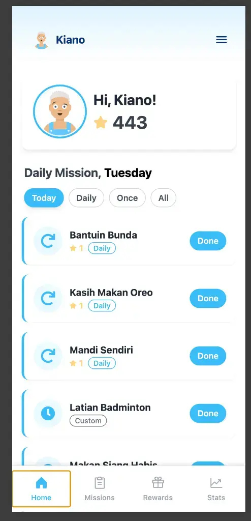 Screenshot of the Star Habit child-friendly dashboard showing stars earned and available rewards
