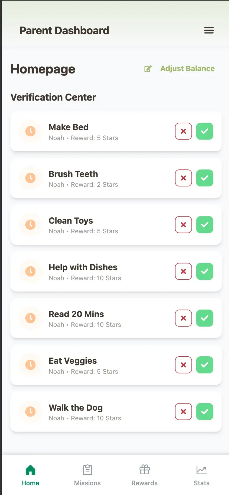 Screenshot of the Star Habit parent control center showing mission configuration and star assignment